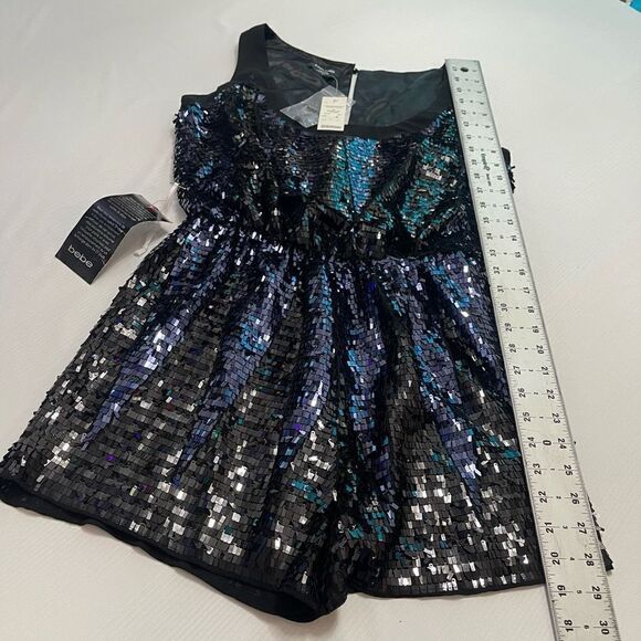 NWT BEBE Navy Blue Black Sequin Embellished Romper Jumpsuit Size 4 NEW - Picture 4 of 7